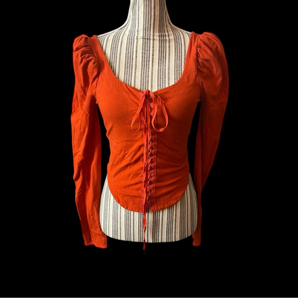 Free people lace front Orange Ruched Top Sz s